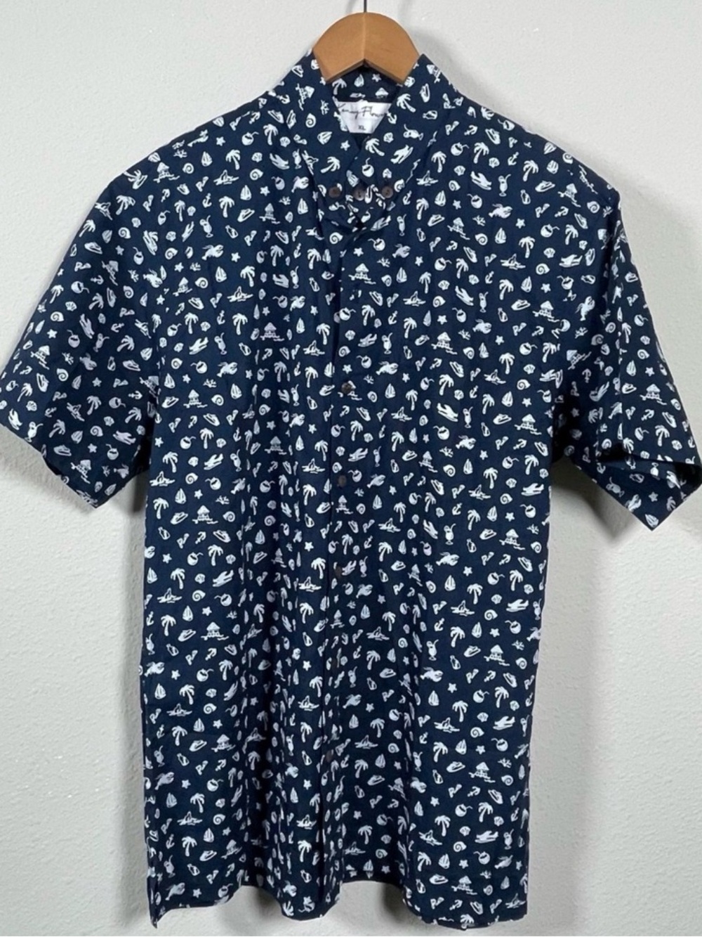 Kenny Flowers Navy Blue Short Sleeve Button-Down Shirt with White Tropical Print